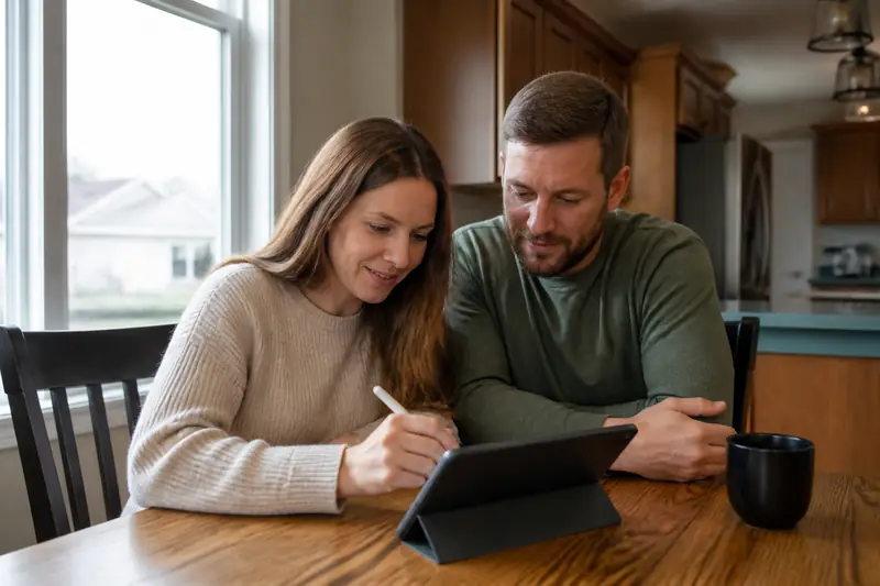 Couple filling out home selling form