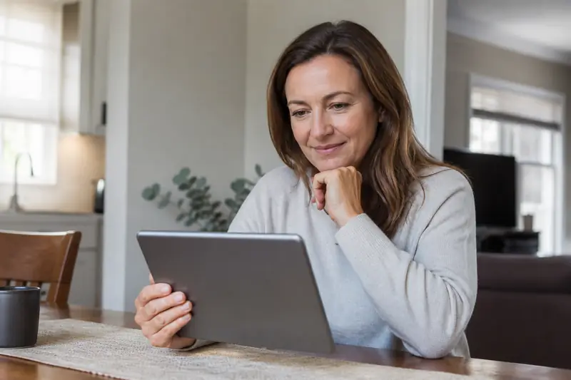 Woman reviewing cash offer on tablet